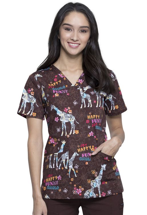 Zdravotnické oblečení - Dámské lékařské halenky - Dámská zdravotnická halena s potiskem Šťastná žirafa | medical-uniforms